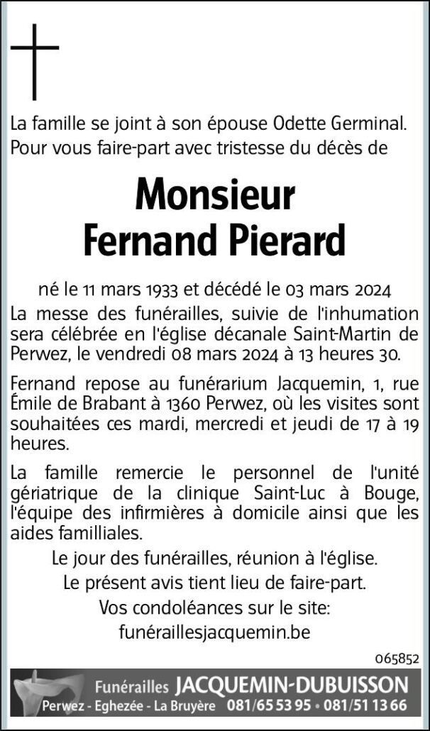 Monsieur Fernand PIERARD - Funérailles Jacquemin