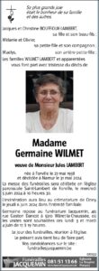 Madame Germaine WILMET - avis nécrologique -