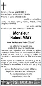 Monsieur Hubert MAZY avis nécrologique