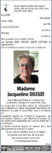 Madame Jacqueline Deleuze - avis nécrologique