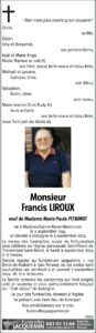 Monsieur Francis Liroux avis nécrologique