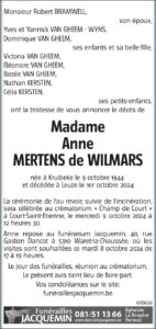 Madame Anne Mertens De Wilmars avis nécrologique