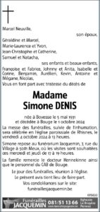 Madame Simone DENIS avis nécrologique