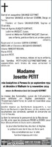 Madame Joséphine Petit avis nécrologique