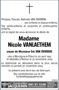 Madame Nicole VANHAETHEM avis nécrologique