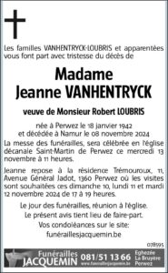 Madame VANHENTRYCK Jeanne avis nécrologique