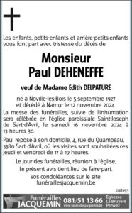 Monsieur Paul Deheneffe avis nécrologique